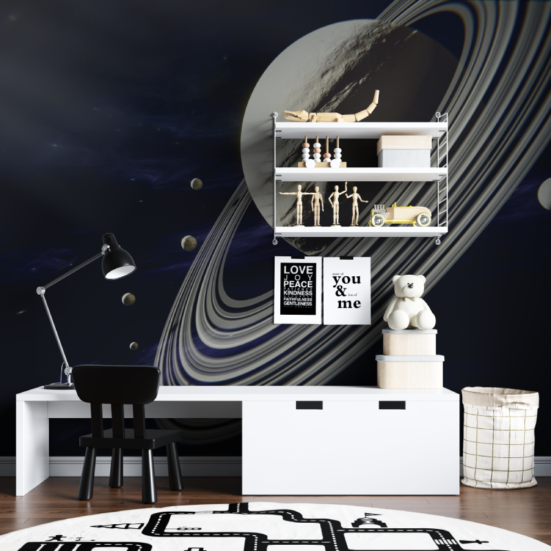 Space Mural Wallpaper | Saturn and Moons in Dark Universe