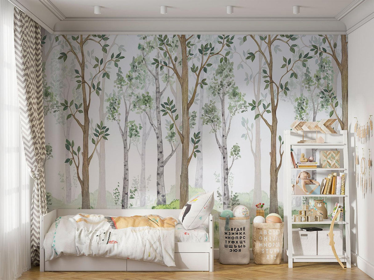 Forest Mural Wallpaper | Watercolor Tree Design With Green Leaves