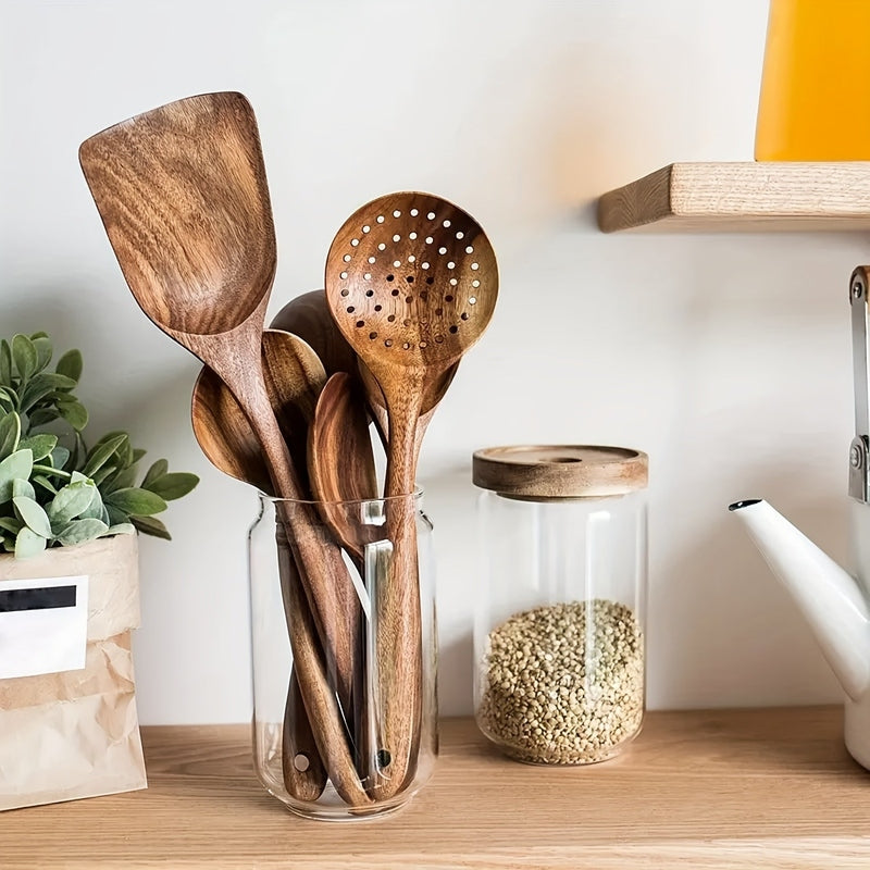 Wooden Kitchen Utensil Set  Handcrafted Teak Cooking Tools - Detailed view