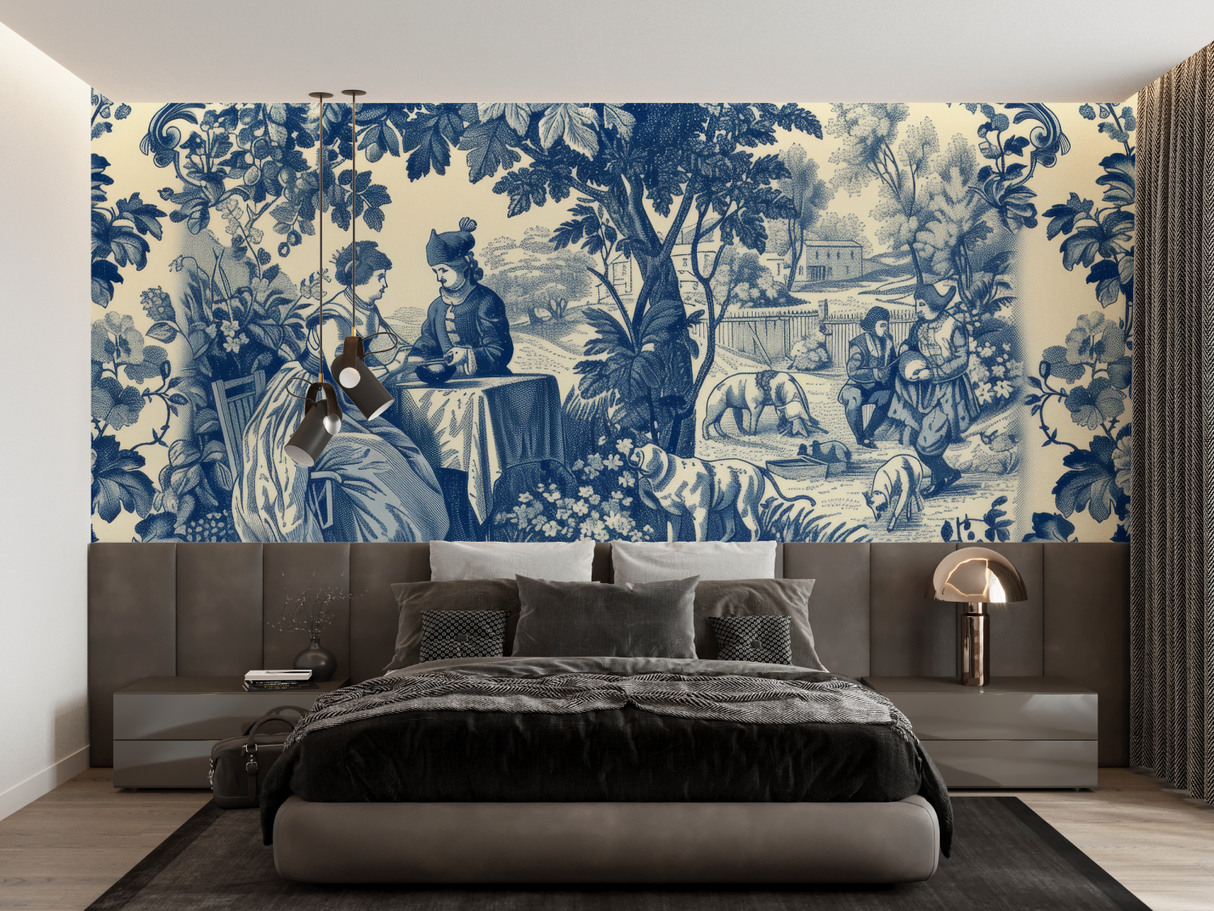Vintage Mural Wallpaper | Blue and Beige Toile de Jouy Scene