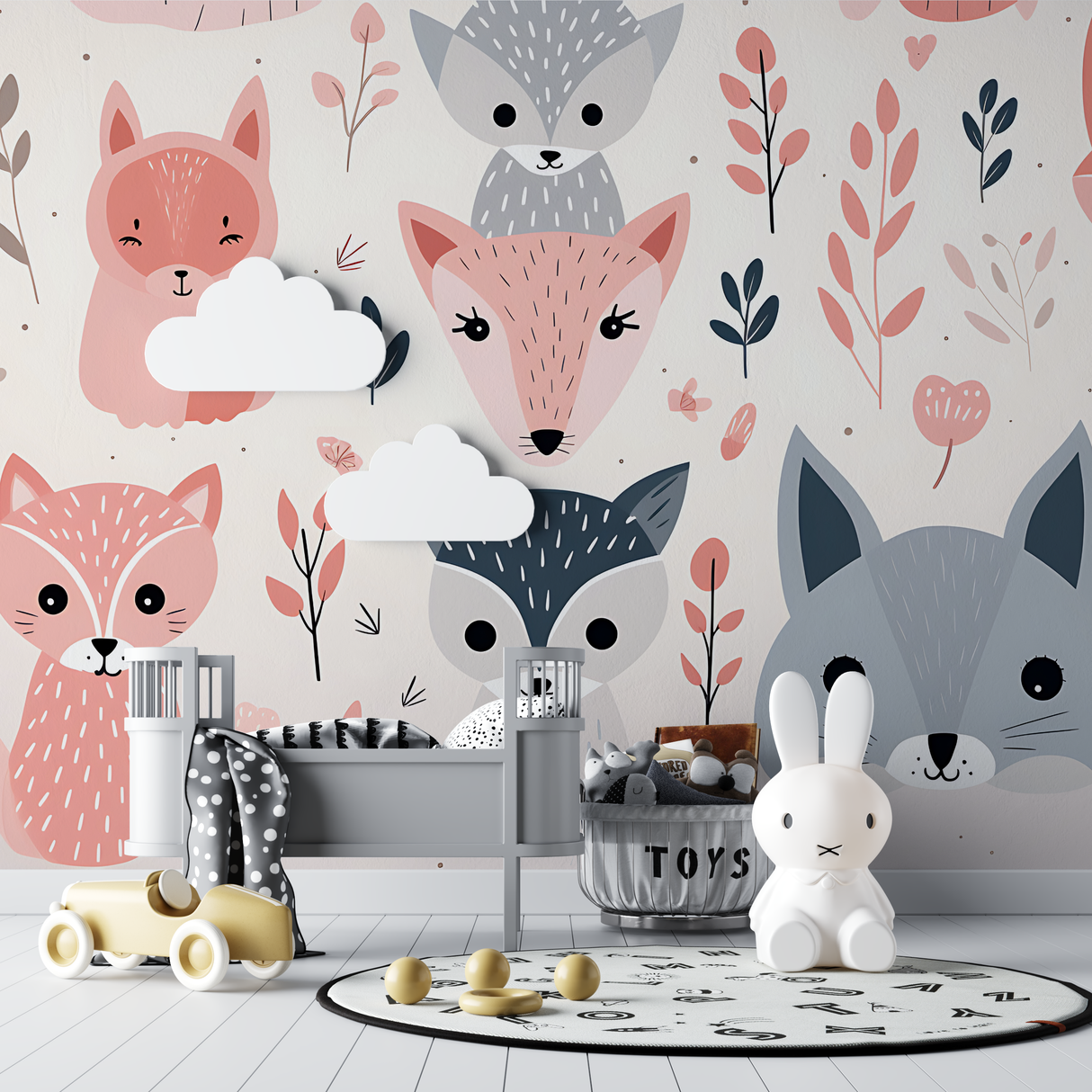 Forest Animals Mural Wallpaper | Pink and Grey Fox Pattern