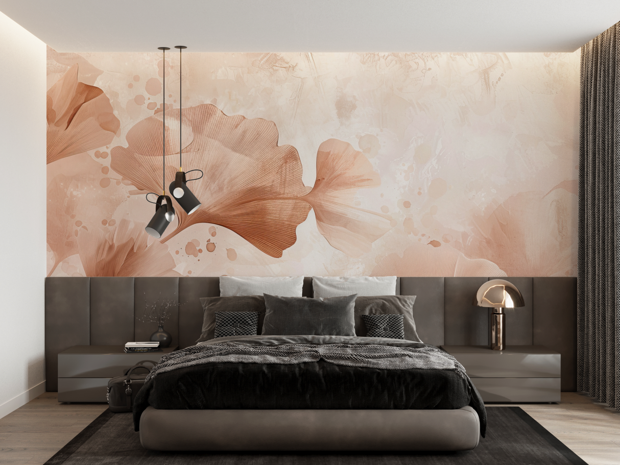 Ginkgo Mural Wallpaper | Terracotta Watercolor Art