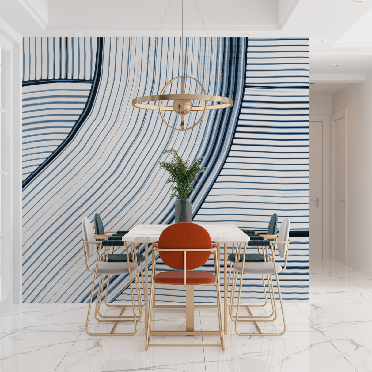 Abstract Mural Wallpaper | Blue Wave Line Pattern