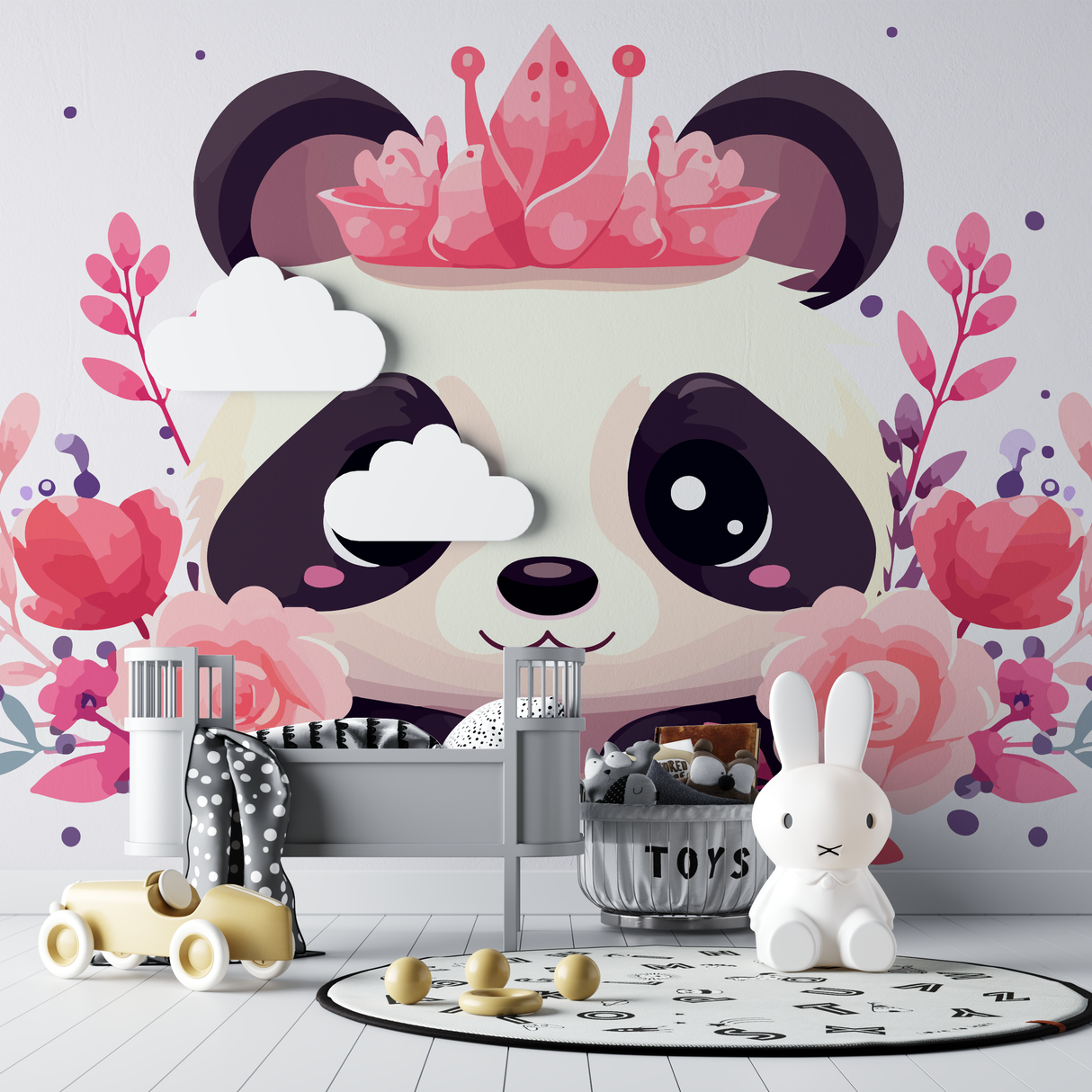 Princess Panda Mural Wallpaper | Pink Floral Crown Design