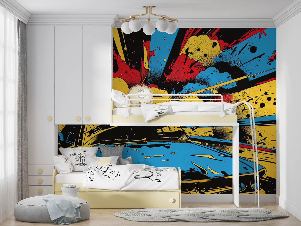 Street Art Mural Wallpaper | Dynamic Car Graffiti Explosion
