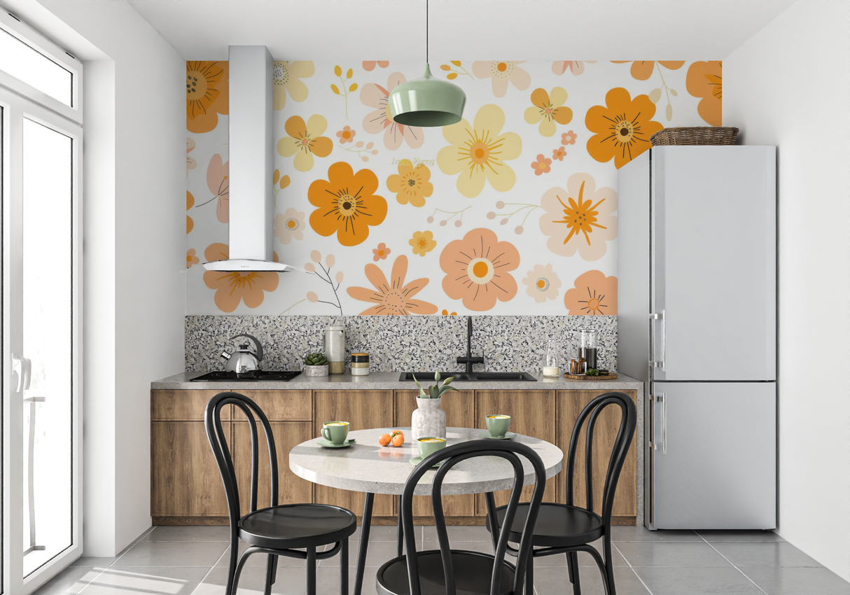 Floral Mural Wallpaper | Retro Orange and Yellow Blooms