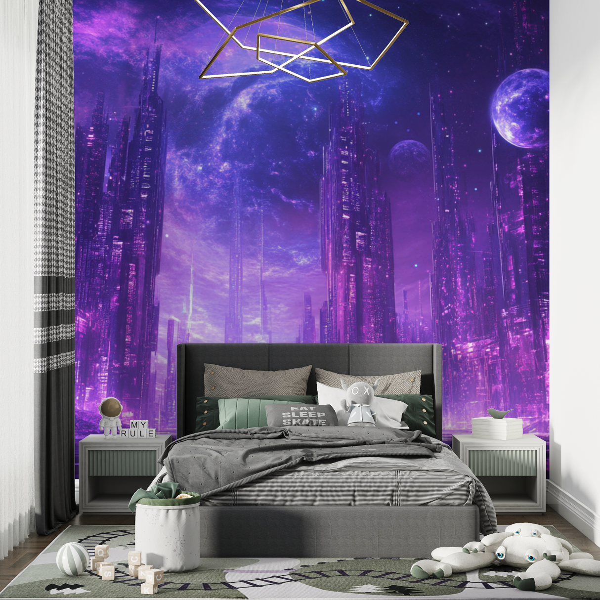 Futuristic Mural Wallpaper | Purple Cyberpunk City Galaxy