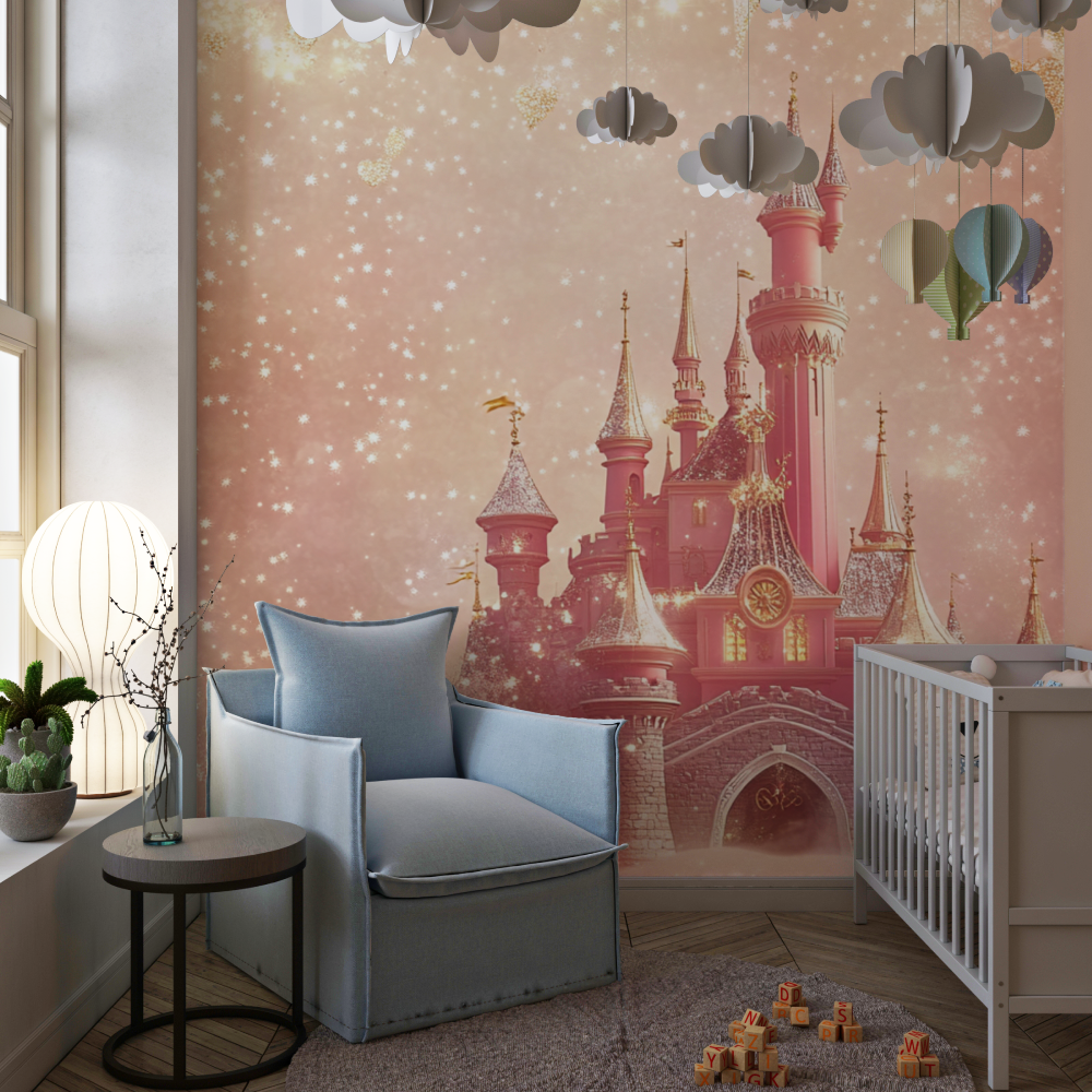 Princess Castle Mural Wallpaper | Magical Pink and Gold Design