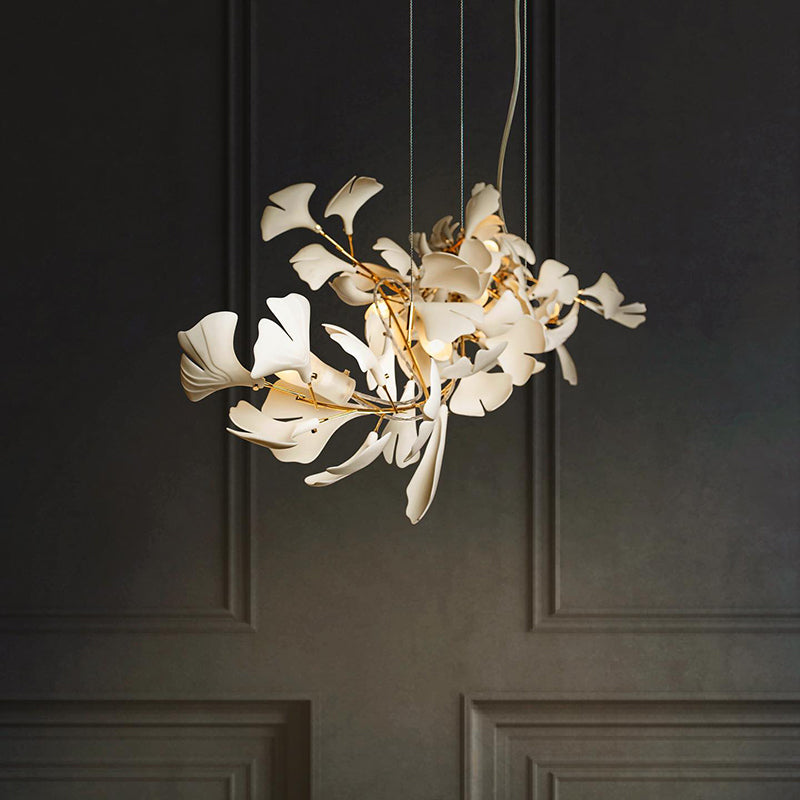 Ginkgo Leaf Chandelier  Brass and White Floral Design - Product detail 7