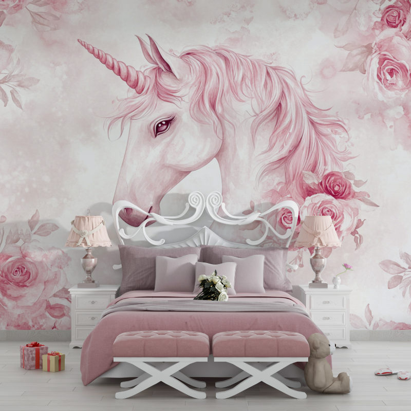 Unicorn Mural Wallpaper | Pink Floral Fantasy Design