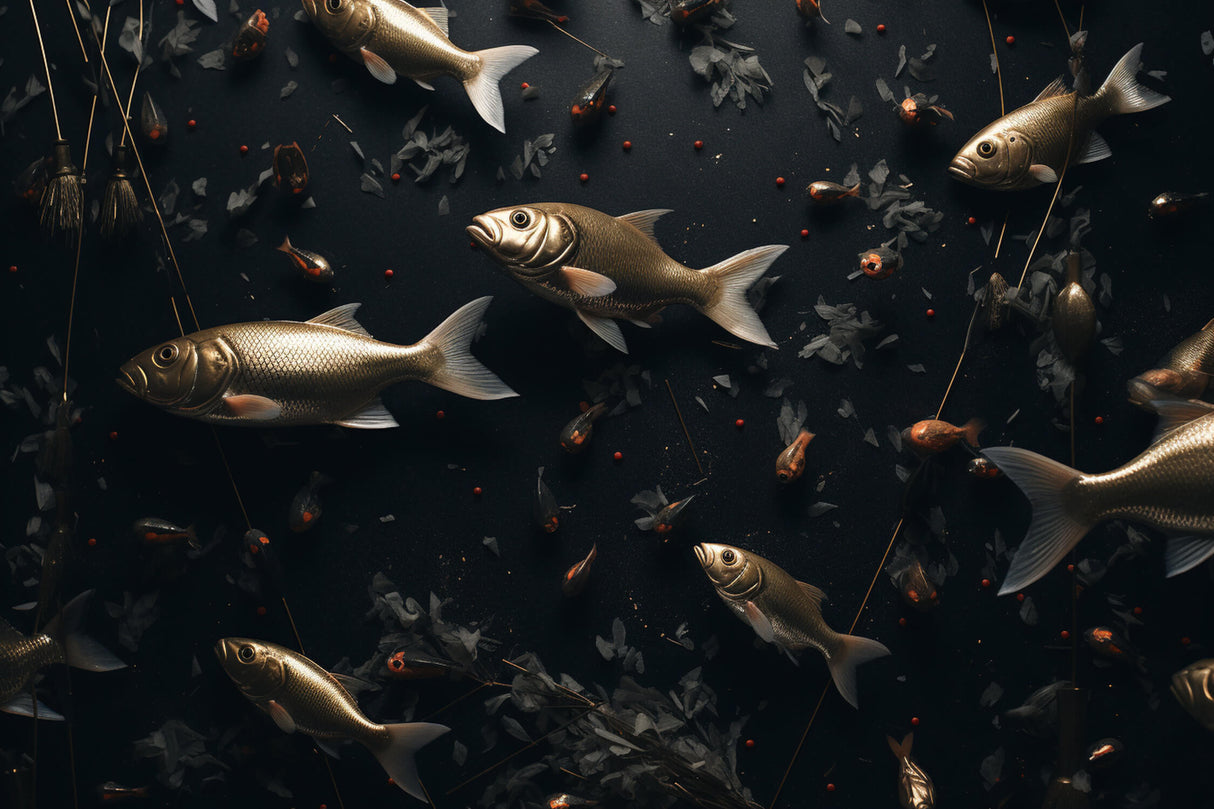 Marine Animals Mural Wallpaper | Golden Fish on Dark Background