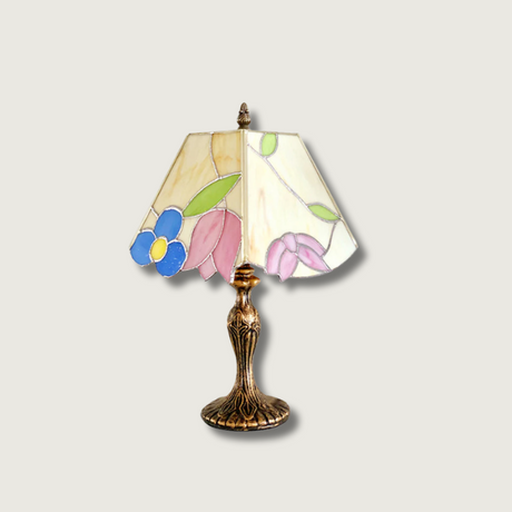 Vintage Tiffany Table Lamp  Floral Glass Shade With Antique Gold Base - Product showcase