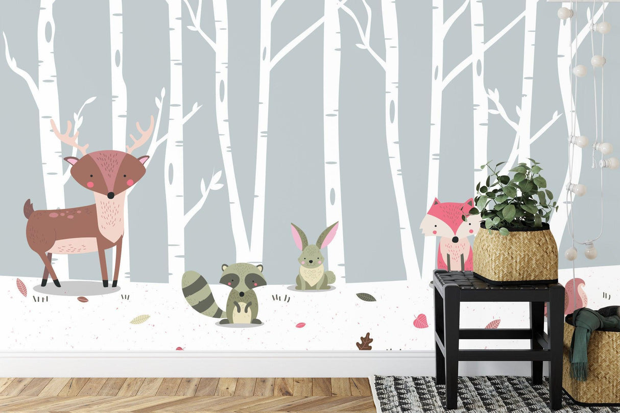 Forest Animals Mural Wallpaper | Woodland Friends in Birch Grove