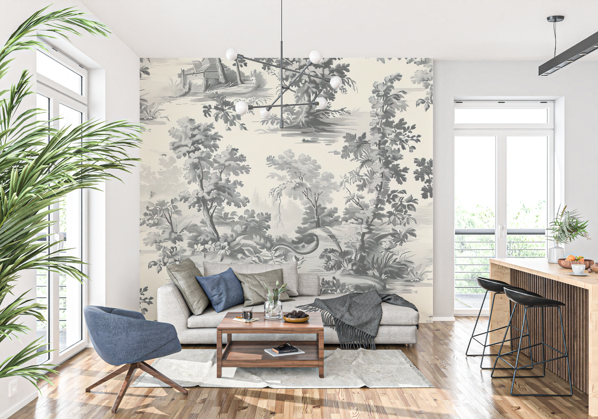 Vintage Mural Wallpaper | Toile de Jouy Grey Botanical Scene