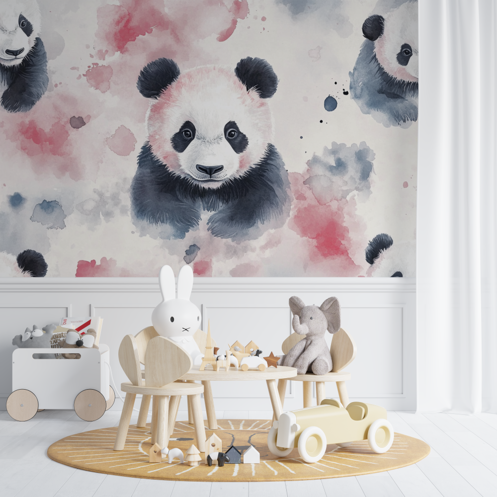 Panda Mural Wallpaper | Watercolor Pink and Grey Design