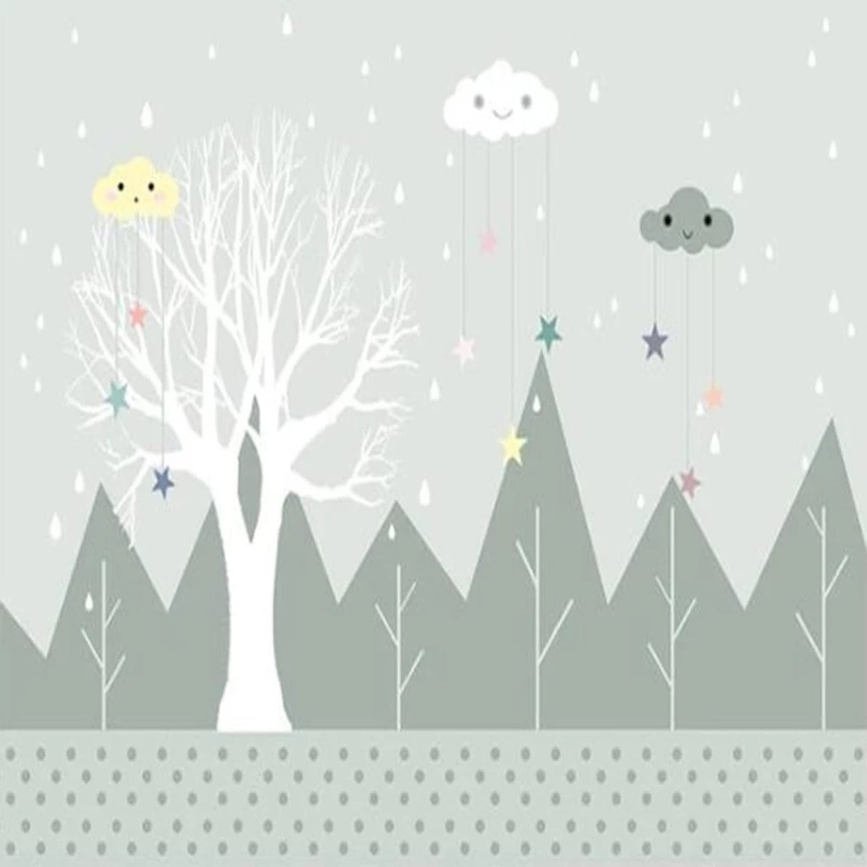 Kids Mural Wallpaper | Mountain Forest with Stars and Clouds