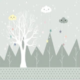 Kids Mural Wallpaper | Mountain Forest with Stars and Clouds