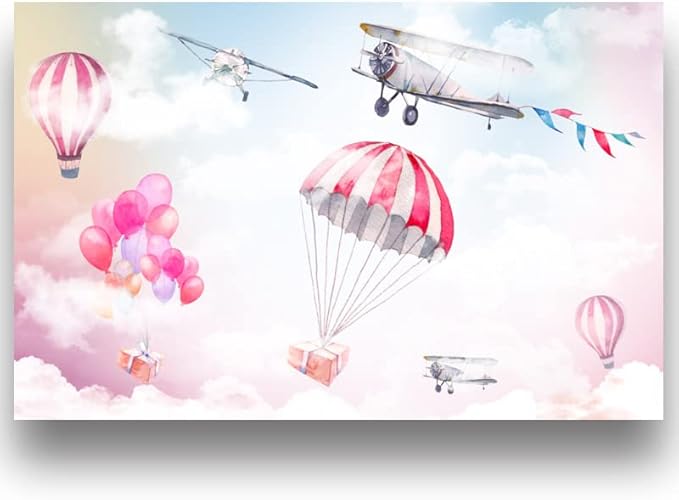 Aviation Mural Wallpaper | Pink Hot Air Balloons and Planes