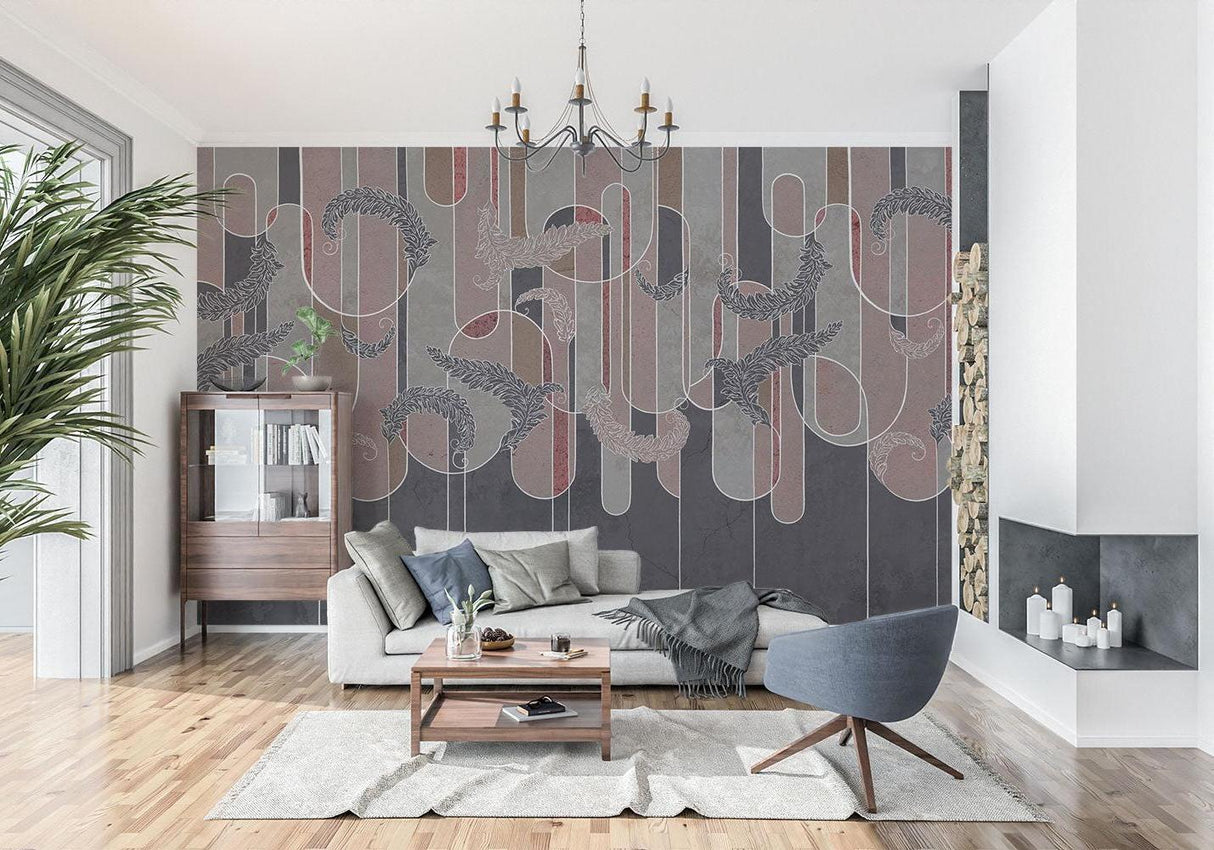 Abstract Mural Wallpaper | Geometric Feather Design with Burgundy Stripes