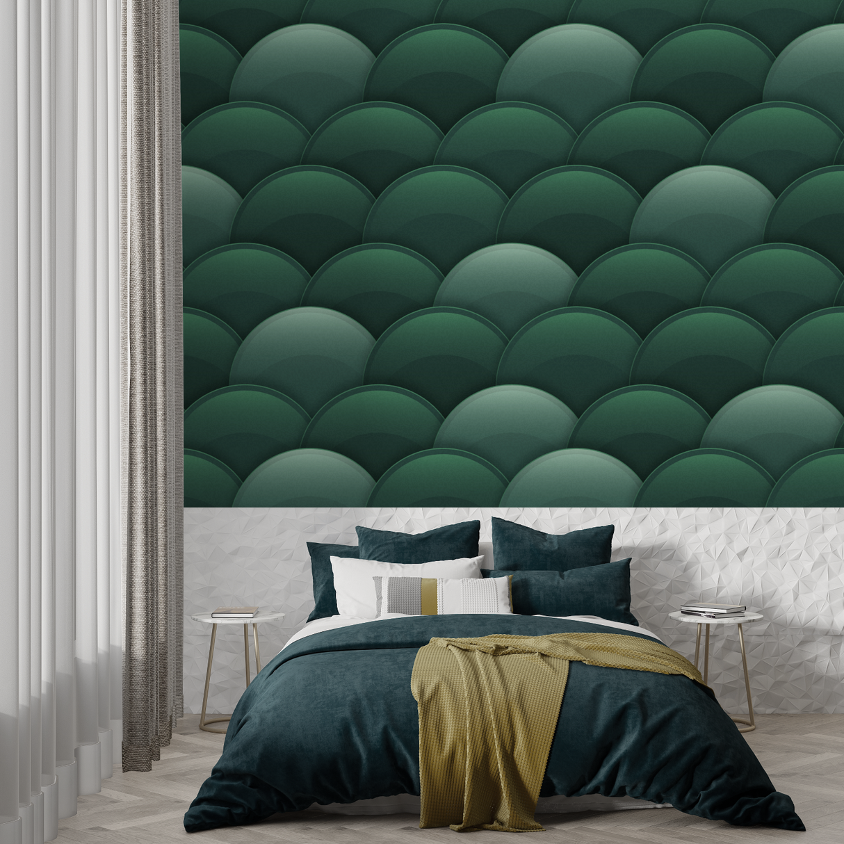 Geometric Mural Wallpaper | Green Art Deco Scales Pattern