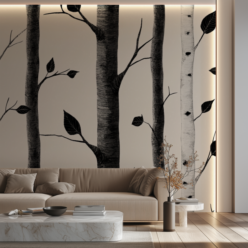 Forest Mural Wallpaper | Black and White Birch Trees