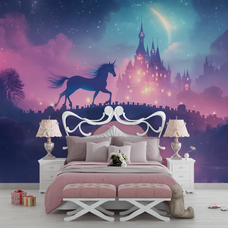 Unicorn Mural Wallpaper | Magical Castle in Pink Twilight Sky