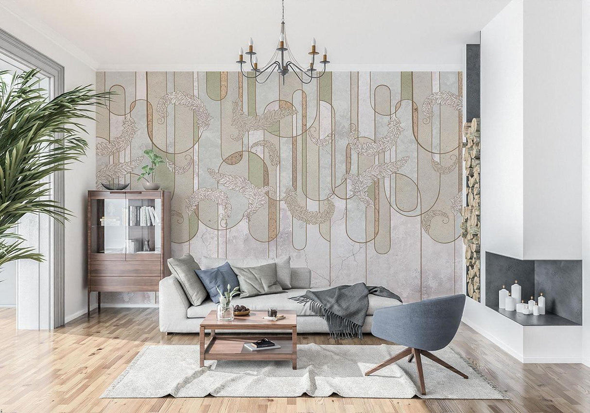 Art Deco Mural Wallpaper | Geometric Feather Pattern in Sage