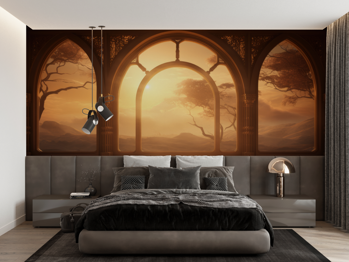 Gothic Arch Mural Wallpaper | Sunset Terracotta Landscape