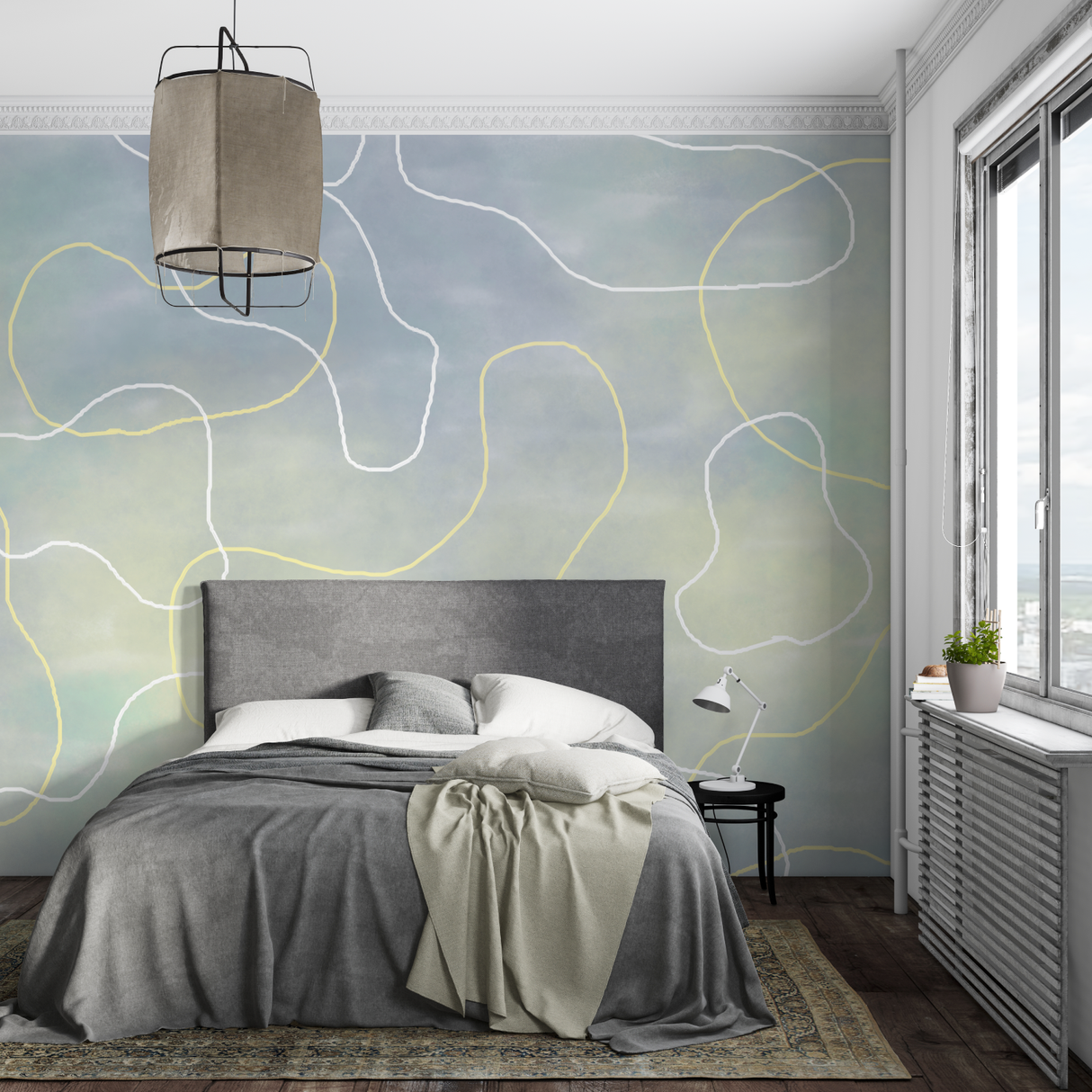 Abstract Mural Wallpaper | Gentle Curves in Grey and Yellow