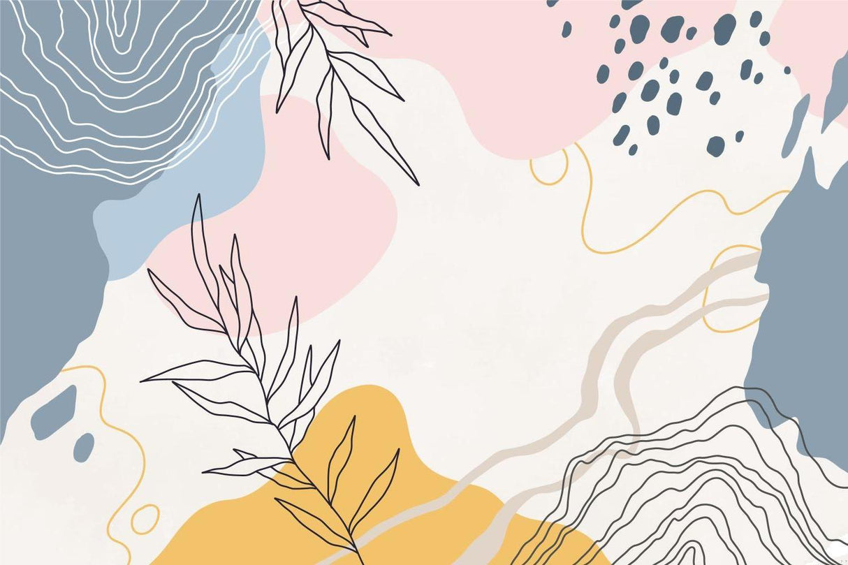 Abstract Mural Wallpaper | Botanical Line Art With Pastel Shapes