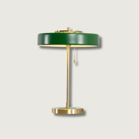 Modern Table Lamp  Green Metal Shade With Brass Accent - Product showcase