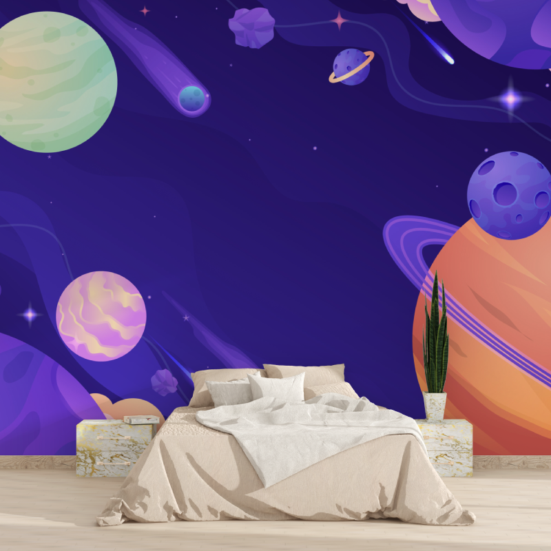 Space Mural Wallpaper | Cosmic Purple Galaxy with Planets