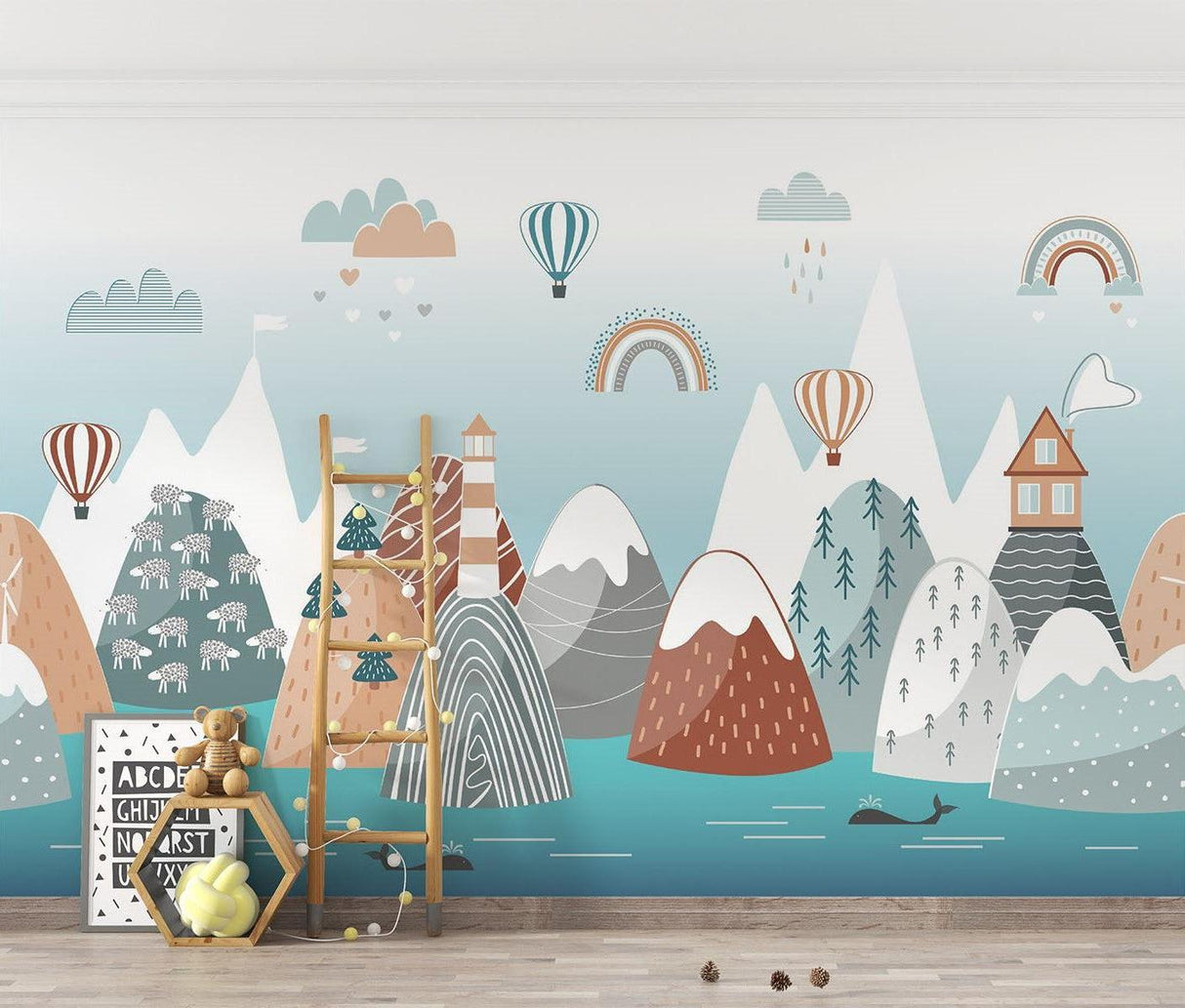 Mountain Mural Wallpaper | Scandinavian Kids Adventure Scene