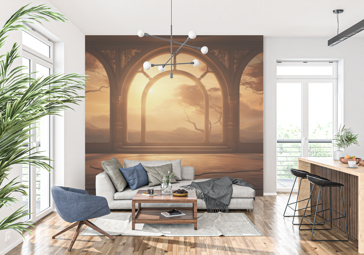 Gothic Arch Mural Wallpaper | Sunset Terracotta Landscape
