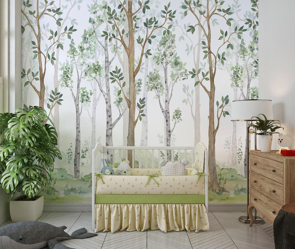 Forest Mural Wallpaper | Watercolor Tree Design With Green Leaves
