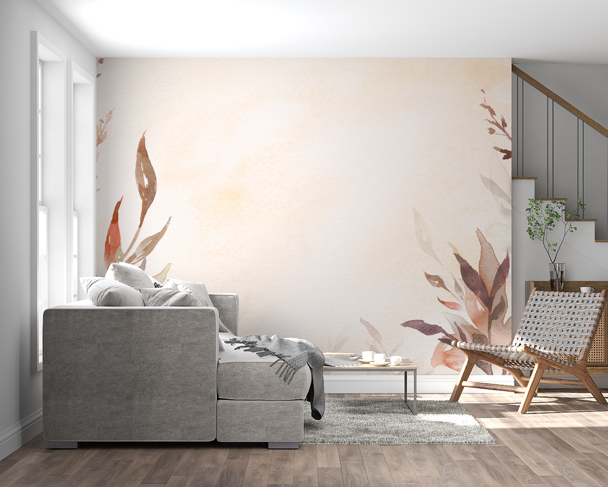 Watercolor Mural Wallpaper | Terracotta Leaves Design