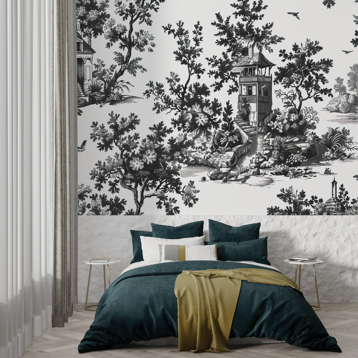 Vintage Mural Wallpaper | Black and White Toile de Jouy Scene