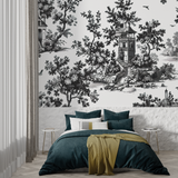 Vintage Mural Wallpaper | Black and White Toile de Jouy Scene