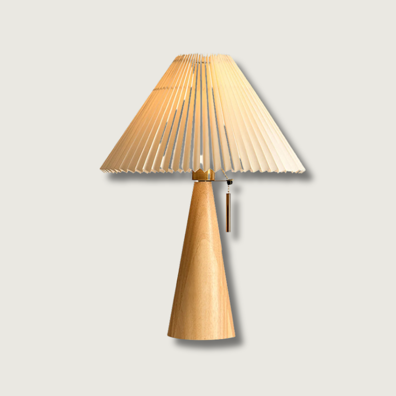 Wooden Table Lamp  Pleated Linen Shade Mid-Century Design - Product showcase