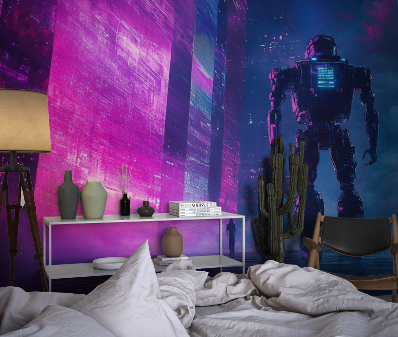 Gamer Mural Wallpaper | Futuristic Robot in Neon City