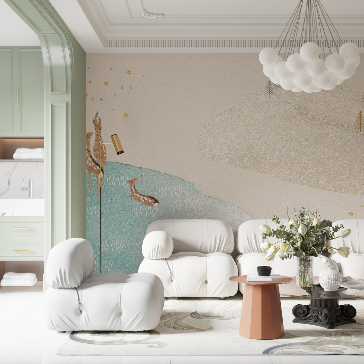 Mountain Mural Wallpaper | Nordic Watercolor with Gold Accents