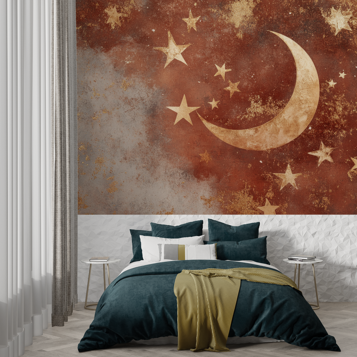 Celestial Mural Wallpaper | Terracotta Moon and Stars Design
