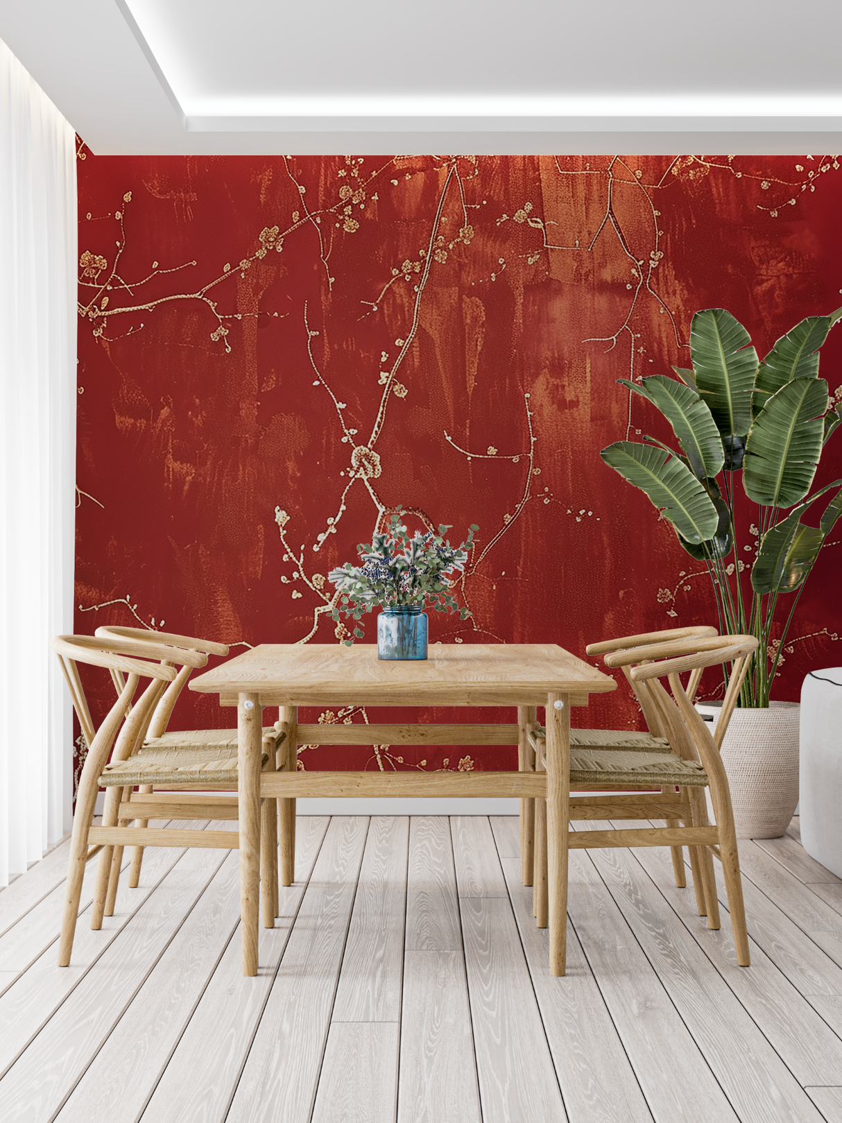 Cherry Blossom Mural Wallpaper | Red and Gold Asian Art