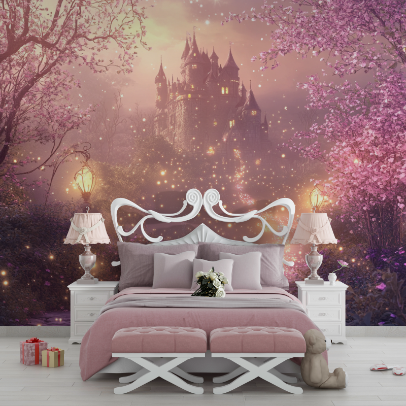 Castle Mural Wallpaper | Enchanted Pink Night Garden