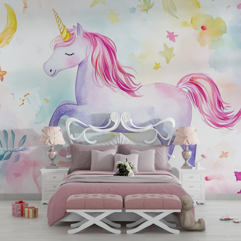 Unicorn Mural Wallpaper | Magical Watercolor with Stars and Moon
