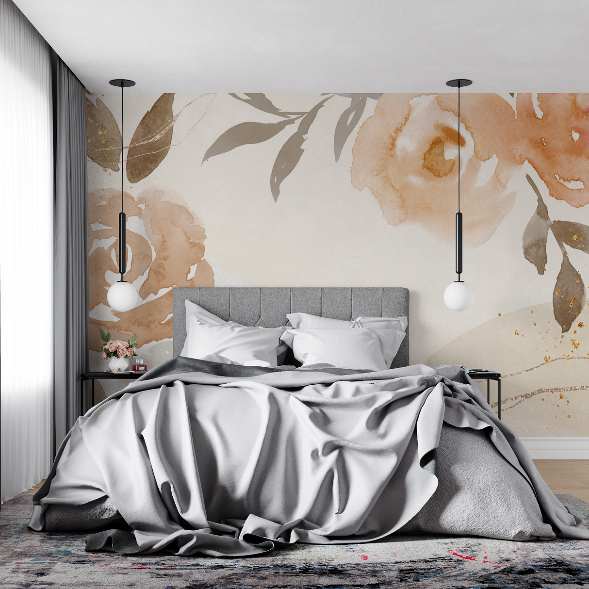 Floral Mural Wallpaper | Watercolor Beige and Terracotta Design