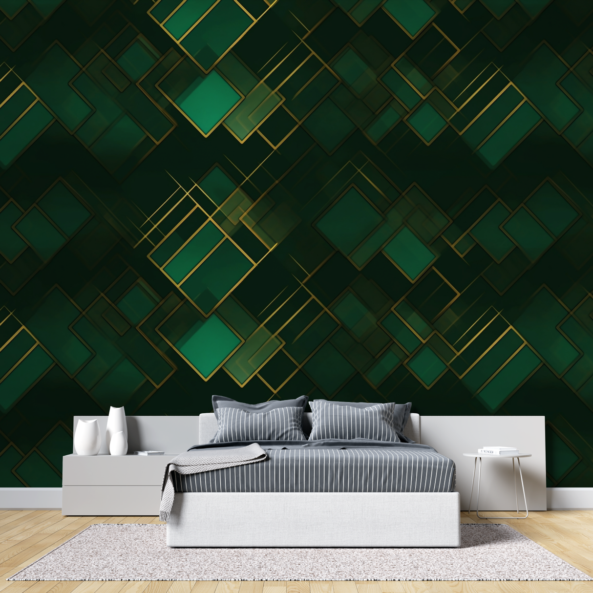 Geometric Mural Wallpaper | Art Deco Green and Gold Pattern