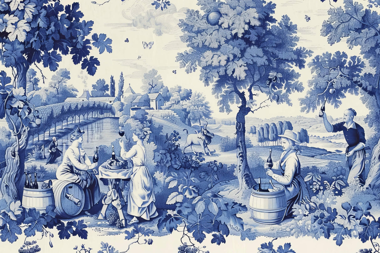 Vintage Mural Wallpaper | Blue Toile de Jouy Countryside Scene