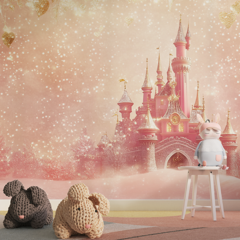 Princess Castle Mural Wallpaper | Magical Pink and Gold Design