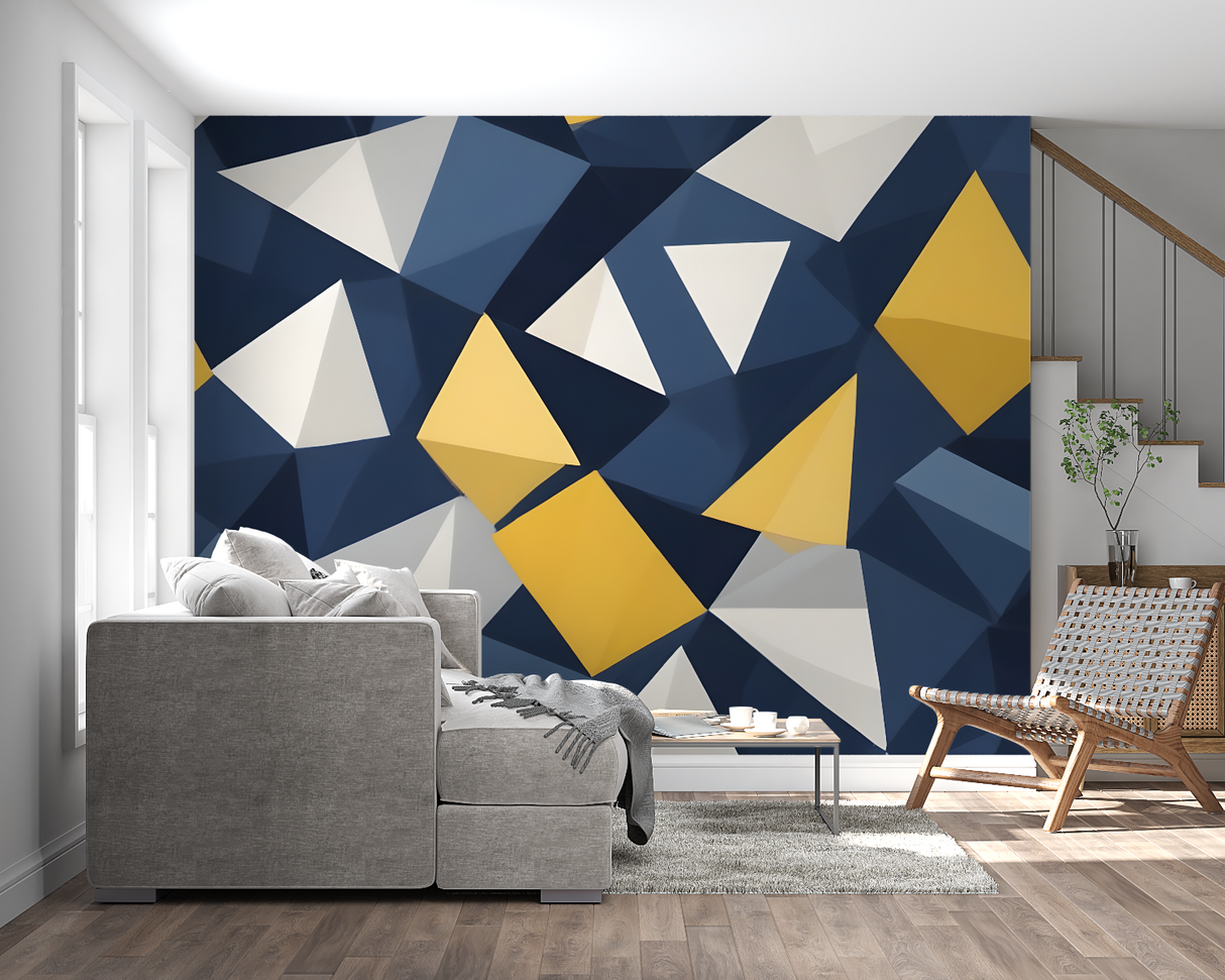 Geometric Mural Wallpaper | Modern Navy Blue and Gold Design